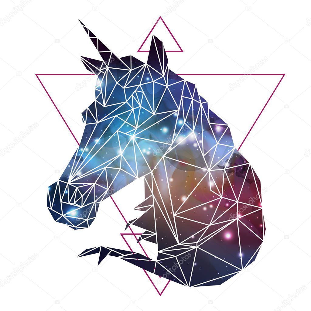 Abstract polygonal tirangle fantasy animal unicorn on open space background. Hipster animal illustration.
