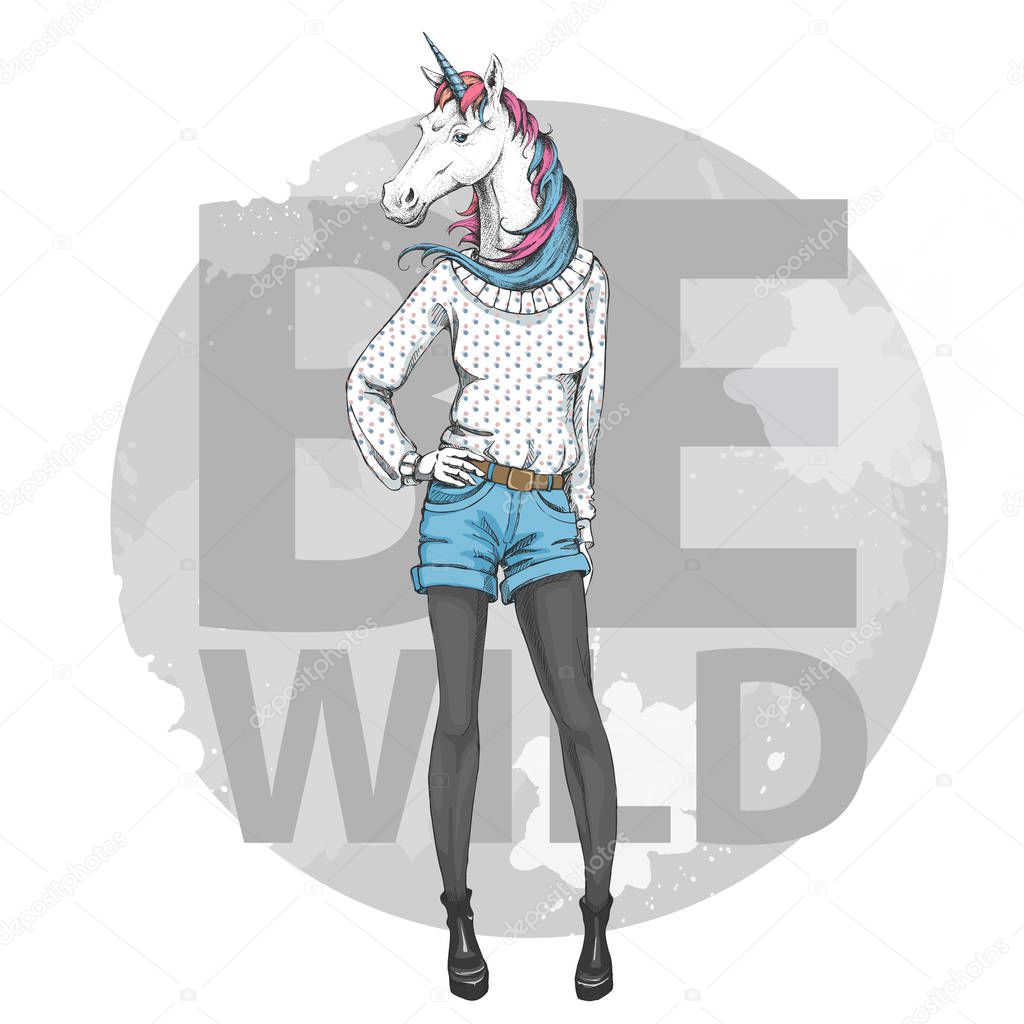 Retro Hipster fashion fantasy animal unicorn. Woman model