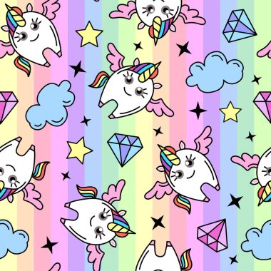 Gökkuşağı arka plan üzerinde harika hayvan at unicorn ile Seamless modeli. Çizgi film çocuk arka plan
