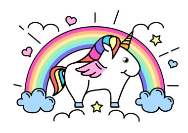 Fantezi hayvan at unicorn gökkuşağı arka plan üzerinde vektör Illustration. Düz stil tasarım