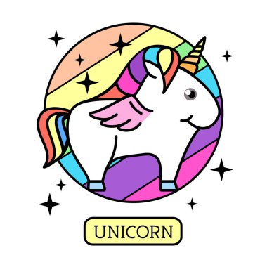 Fantezi hayvan at unicorn gökkuşağı arka plan üzerinde vektör Illustration. Düz stil tasarım