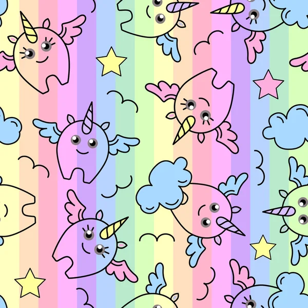 Seamless pattern with fantastic animal horse unicorn on rainbow background. Cartoon children background