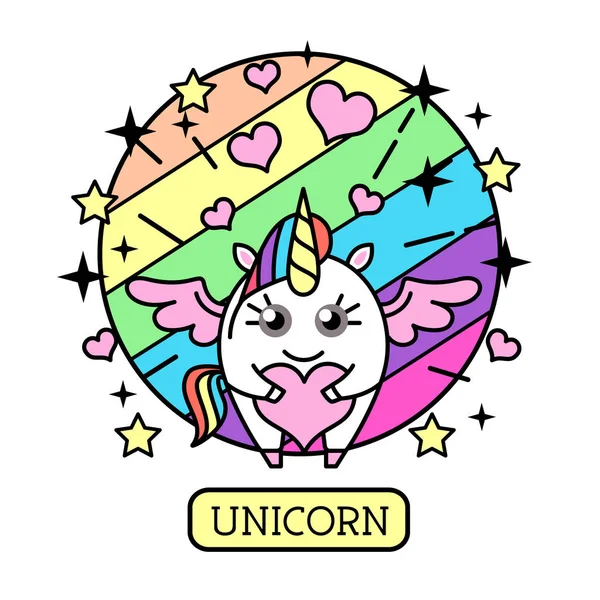 Vektor ilustrasi hewan fantasi kuda unicorn dengan hati di latar belakang pelangi. Desain gaya datar - Stok Vektor