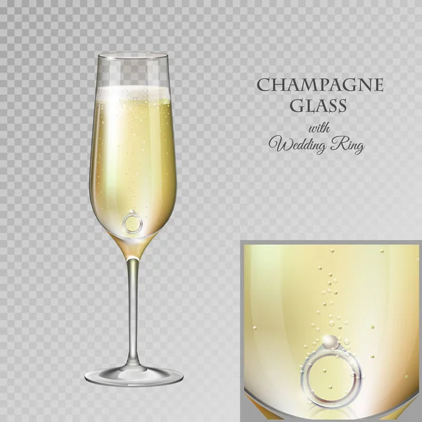 Реалистичная Векторная Иллюстрация Бокала Шампанского Бриллиантовым Обручальным Кольцом Прозрачном Фоне — стоковый вектор
