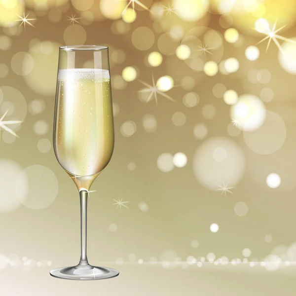 Реалистичная Векторная Иллюстрация Бокала Шампанского Размытом Золотом Фоне Праздника — стоковый вектор