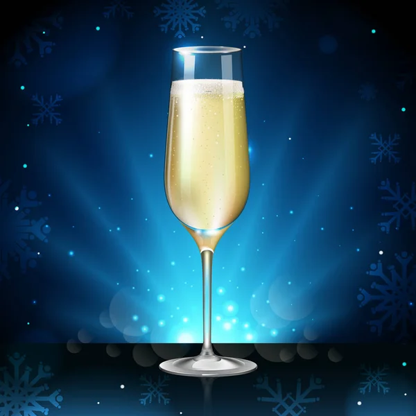 Realistische Vektor Illustration Von Champagnerglas Auf Verschwommenem Urlaub Winter Blau — Stockvektor
