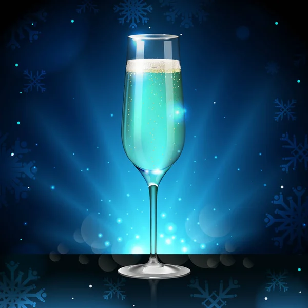 Realistische Vektor Illustration Von Champagnerglas Auf Verschwommenem Urlaub Winter Blau — Stockvektor