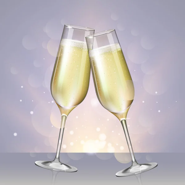 Realistická Vektorová Ilustrace Sklenic Šampaňské Rozmazané Holiday Silver Sparkle Pozadí — Stockový vektor