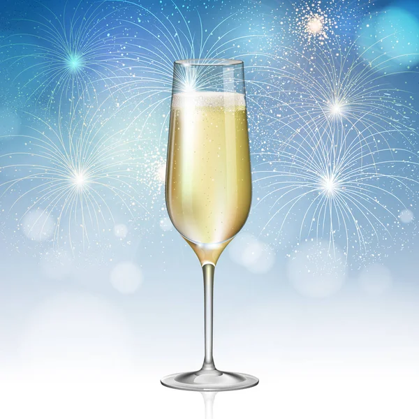 Реалистичная Векторная Иллюстрация Бокала Шампанского Фоне Праздничного Синего Фейерверка — стоковый вектор