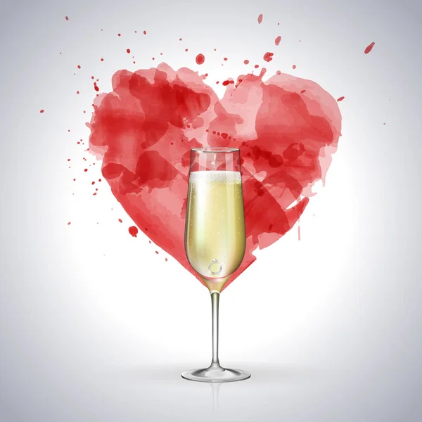 Illustration Vectorielle Réaliste Verre Champagne Sur Fond Coeur Amour Aquarelle — Image vectorielle