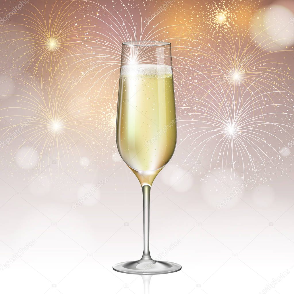 Realistic vector illustration of champagne glass on holiday golden firework background