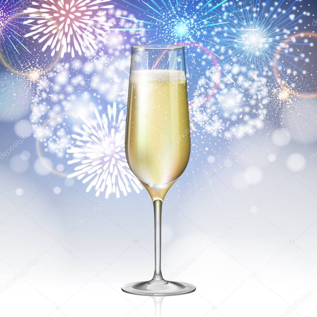 Realistic vector illustration of champagne glass on holiday blue firework background