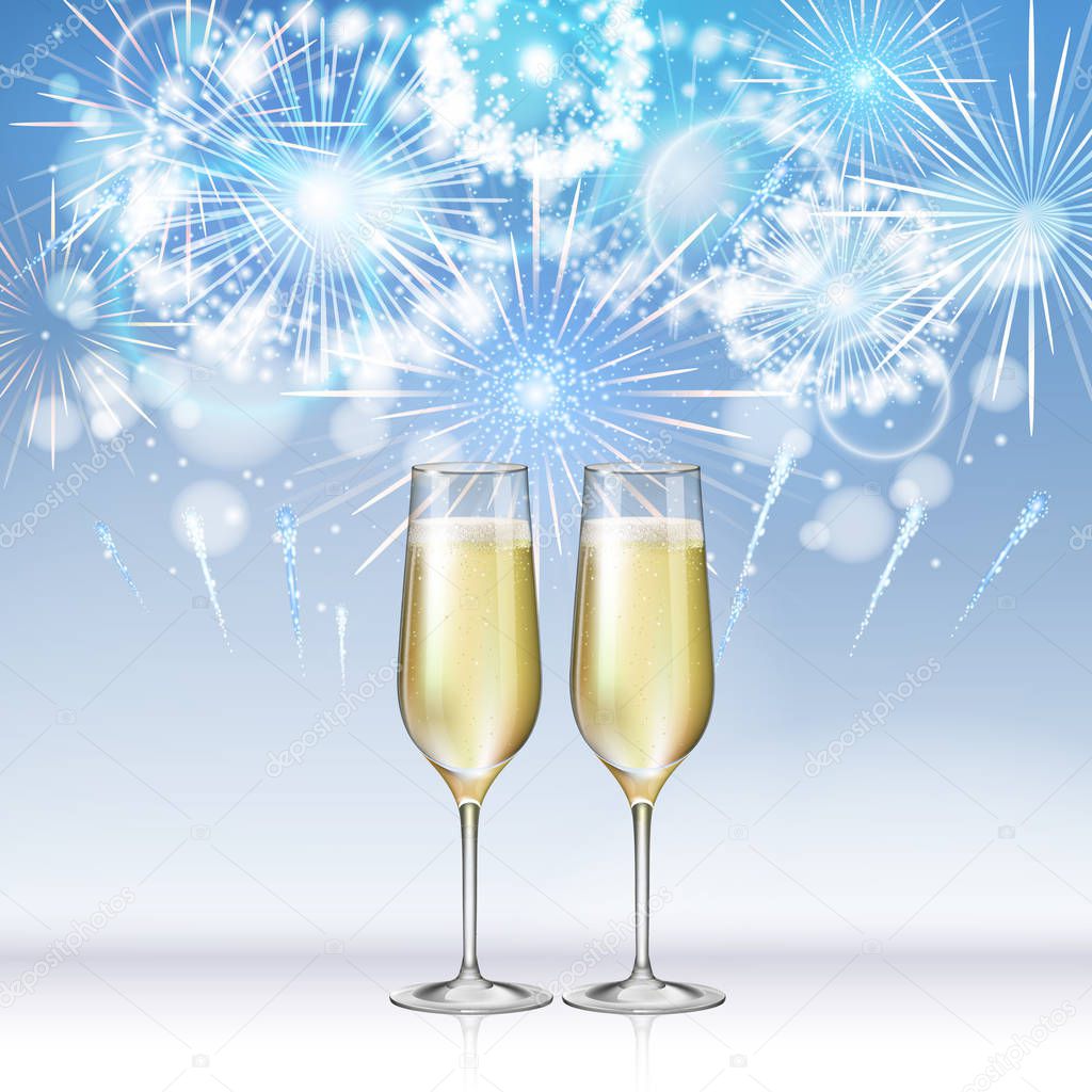 Realistic vector illustration of champagne glasses on holiday blue firework background
