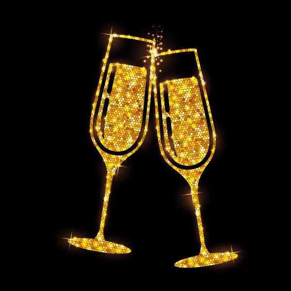 Icona Vettoriale Vetro Champagne Bicchieri Champagne Scintilla Oro Sfondo Nero — Vettoriale Stock