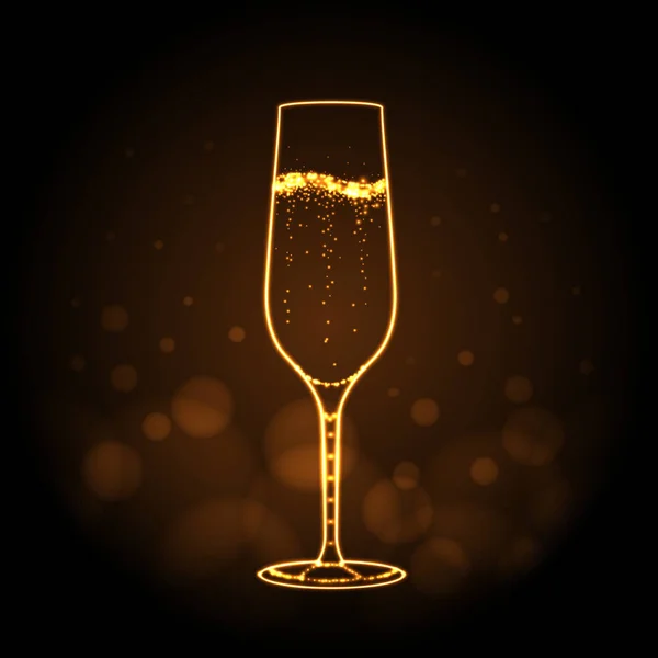 Neonskylt Champagne Glas Guld Bakgrund Champagne Siluett — Stock vektor