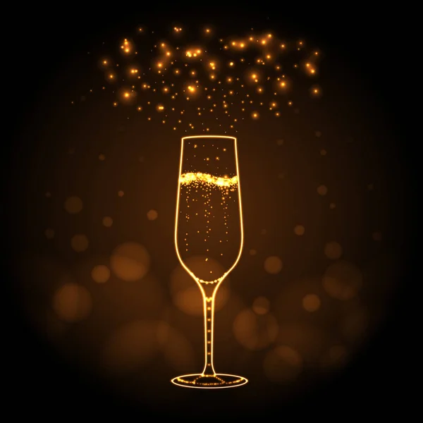 Champage 玻璃在金色背景上的霓虹灯符号 香槟剪影 — 图库矢量图片