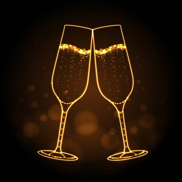 Champage 玻璃在金色背景上的霓虹灯符号 香槟剪影 — 图库矢量图片