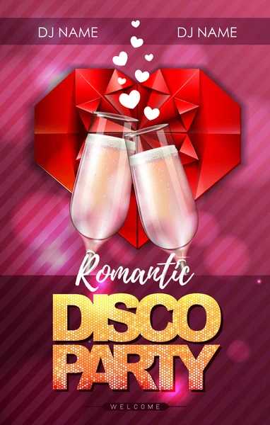 Felice Giorno San Valentino Disco Party Poster Con Bicchieri Champagne — Vettoriale Stock