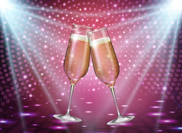 Realistic Vector Illustration Champagne Glasses Holiday Pink Disco Background — Stock Vector