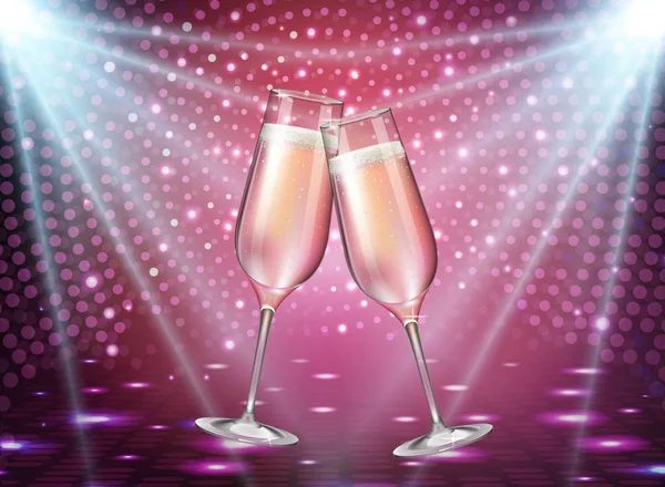 Realistic Vector Illustration Champagne Glasses Holiday Pink Disco Background — Stock Vector