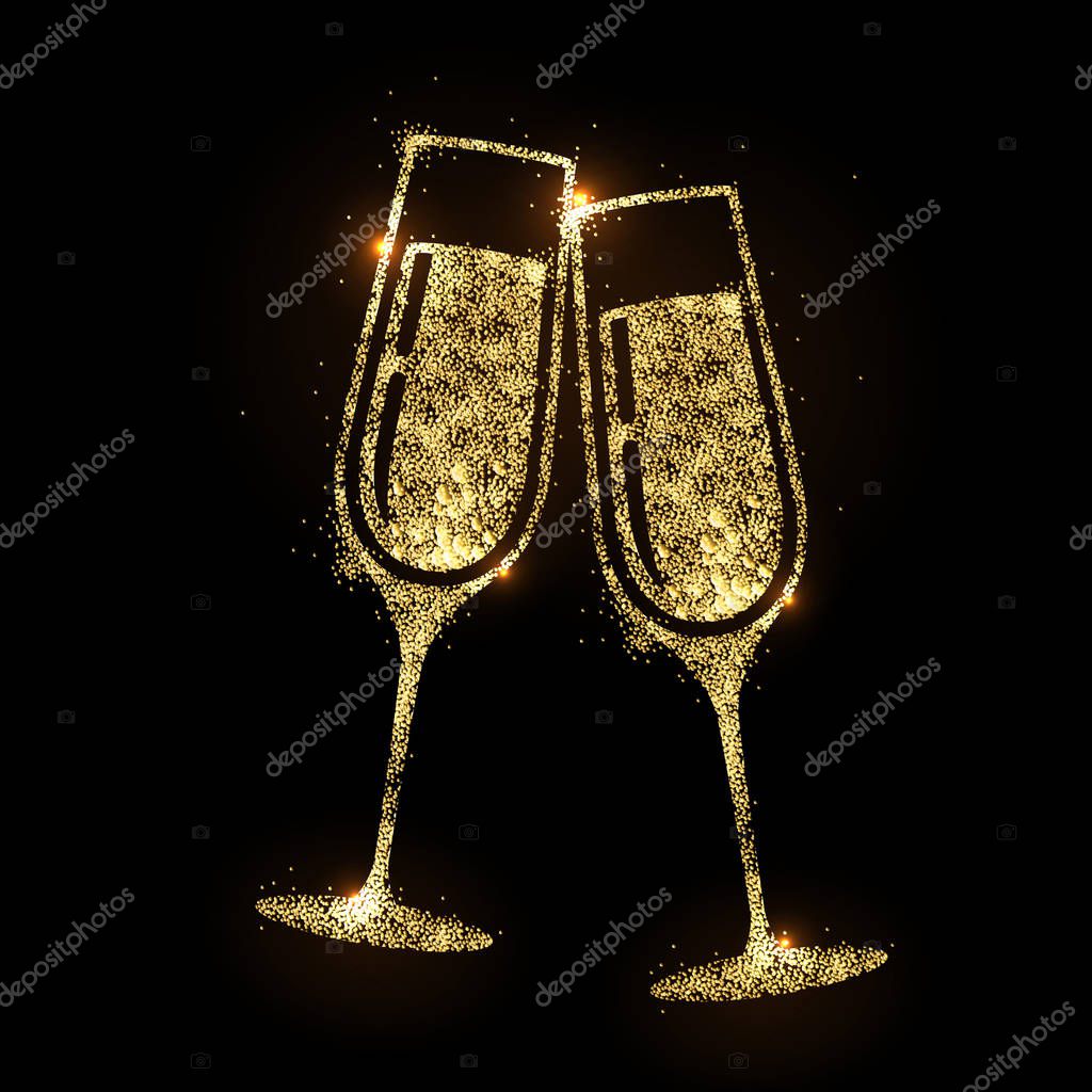 Champagne glass vector icon. Golden sparkle champagne glasses on black background