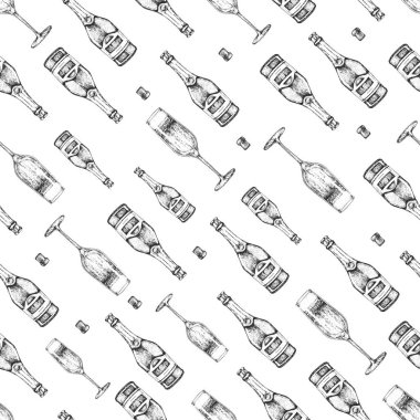 El çizimi şampanya şişesi, şampanya cam ve mantar ile Seamless modeli