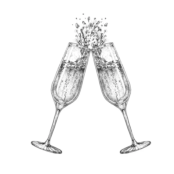 Vectorillustratie Van Hand Tekenen Van Twee Rammelende Champagneglazen — Stockvector