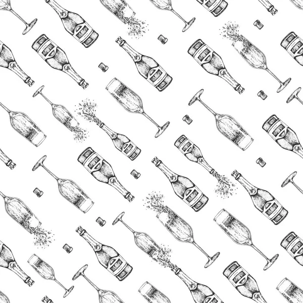 Patrón Sin Costuras Con Botella Champán Dibujo Mano Copa Champán — Archivo Imágenes Vectoriales