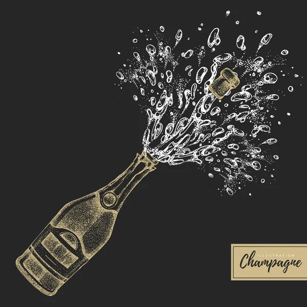 Illustrazione Vettoriale Del Disegno Mano Bottiglia Champagne Con Spruzzi — Vettoriale Stock