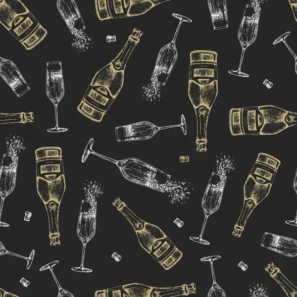 Modèle Sans Couture Avec Bouteille Champagne Dessin Main Verre Champagne — Image vectorielle