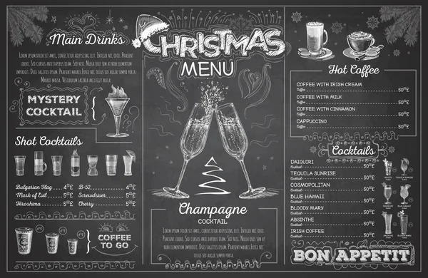 Vintage Tebeşir Çizim Noel Menü Tasarım Şampanya Ile Restoran Menü — Stok Vektör