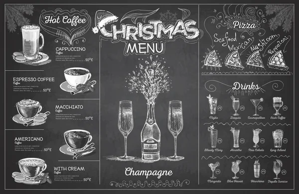 Vintage Krijt Tekening Kerstmenu Ontwerpen Met Champagne Restaurant Menu — Stockvector