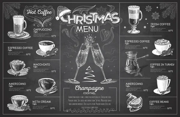 Vintage Krijt Tekening Kerstmenu Ontwerpen Met Champagne Restaurant Menu — Stockvector