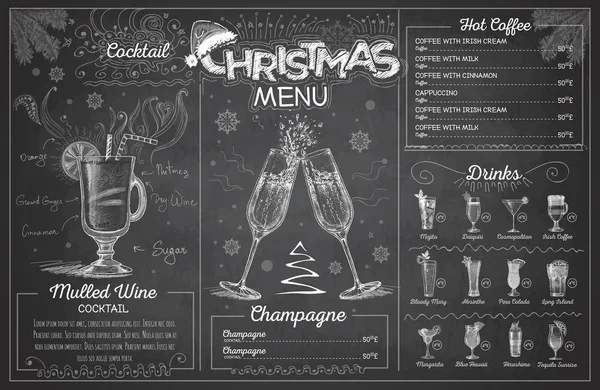 Vintage Krijt Tekening Kerstmenu Ontwerpen Met Champagne Restaurant Menu — Stockvector