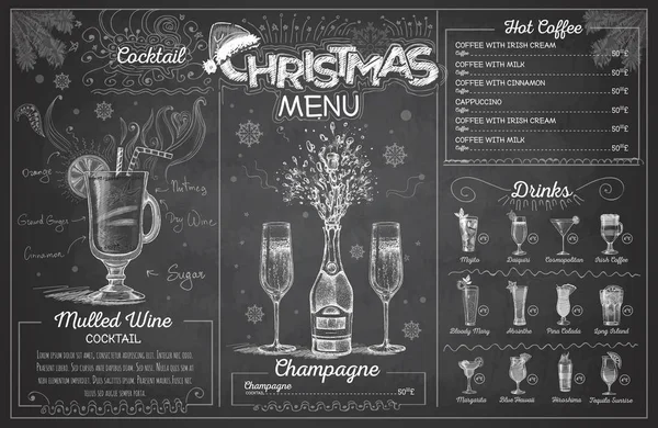 Vintage Krijt Tekening Kerstmenu Ontwerpen Met Champagne Restaurant Menu — Stockvector