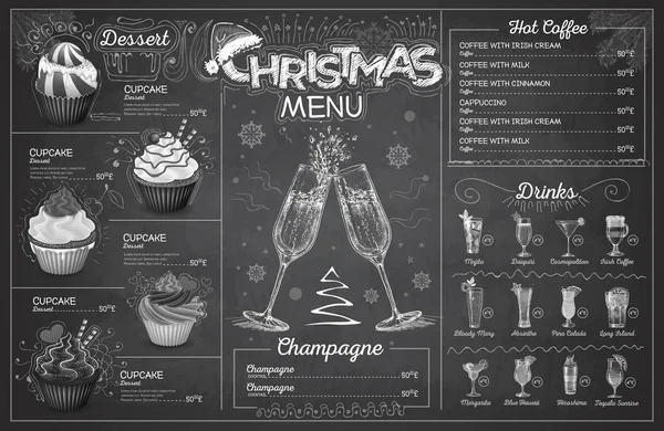 Vintage Tebeşir Çizim Noel Menü Tasarım Şampanya Ile Restoran Menü — Stok Vektör