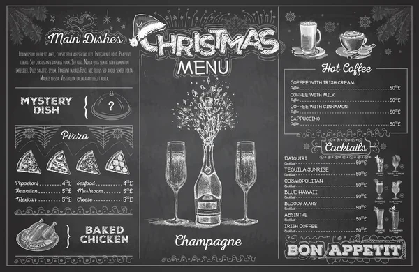 Vintage Krijt Tekening Kerstmenu Ontwerpen Met Champagne Restaurant Menu Stockillustratie