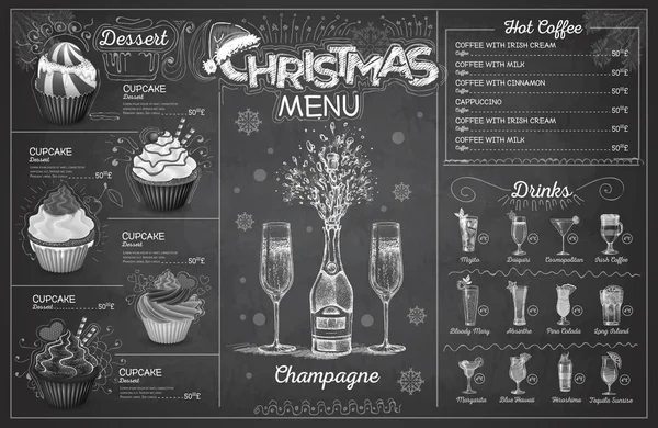 复古粉笔画圣诞菜单设计与香槟 餐厅菜单 图库矢量图片