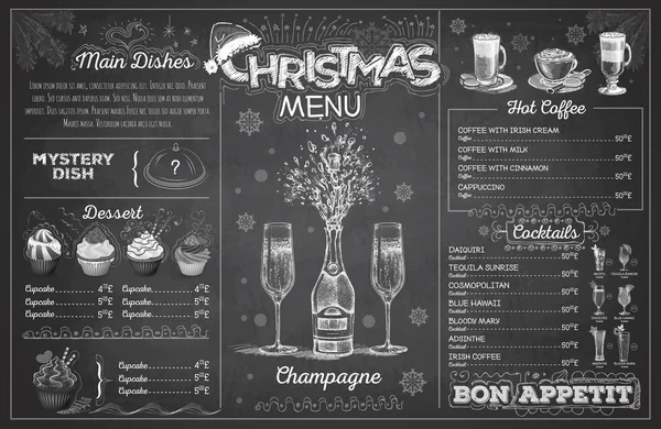 Vintage Krijt Tekening Kerstmenu Ontwerpen Met Champagne Restaurant Menu Rechtenvrije Stockvectors