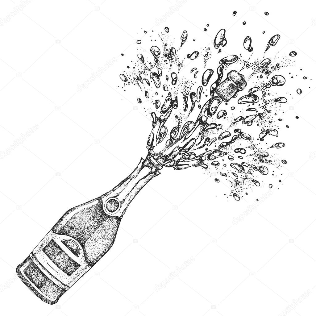 Vector illustration of hand drawing champagne bottle with splash