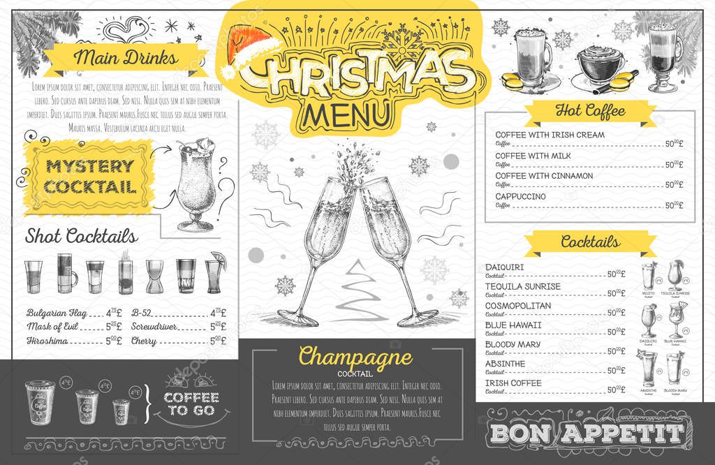 Vintage holiday christmas menu design with champagne. Restaurant menu