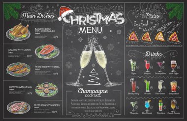 Vintage chalk drawing christmas menu design with champange. Restaurant menu clipart