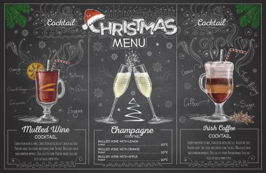 Vintage tebeşir çizim Noel menüsü ile champange tasarlayın. Restoran menü