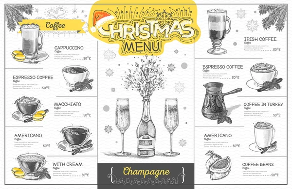 Diseño Menú Navideño Vintage Con Champán Menú Restaurante — Vector de stock