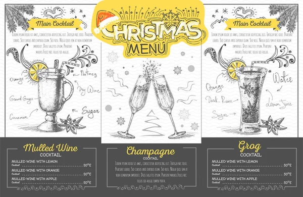 Vintage Vakantie Kerstmenu Ontwerpen Met Champagne Restaurant Menu — Stockvector