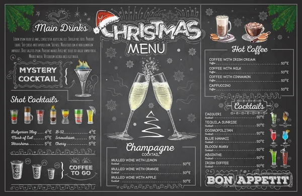 Κιμωλία Vintage Σχεδίασης Χριστουγεννιάτικο Μενού Σχεδίαση Champange Μενού Εστιατορίου — Διανυσματικό Αρχείο