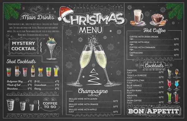 Vintage Krijt Tekening Kerstmenu Ontwerp Met Champange Restaurant Menu — Stockvector