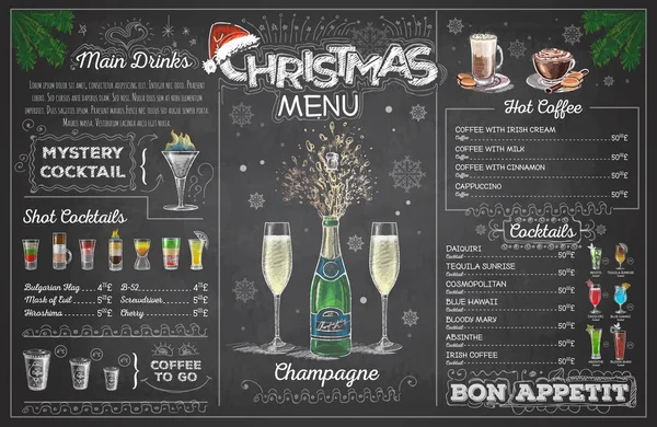 Κιμωλία Vintage Σχεδίασης Χριστουγεννιάτικο Μενού Σχεδίαση Champange Μενού Εστιατορίου — Διανυσματικό Αρχείο