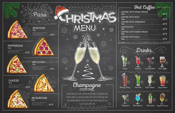 Vintage Kreide Zeichnung Weihnachtsmenü Design Mit Champagner Speisekarte — Stockvektor