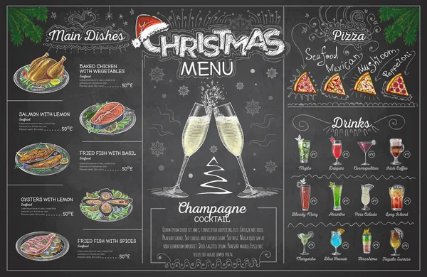 Vintage Krijt Tekening Kerstmenu Ontwerp Met Champange Restaurant Menu — Stockvector